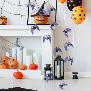 3D cartoon bat wall stickers with cute expressions on a white fireplace background decoration