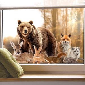 Realistic Forest Animals Window Stickers Electrostatic Glass Decals Double Sided PVC Bear Deer Fox Rabbit Wolf Home Decor