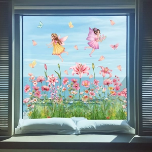 Detail of fairy and floral static window decals with double-sided pink flower patterns