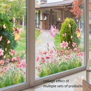 Collage effect of multiple floral fairy static window clings on glass door