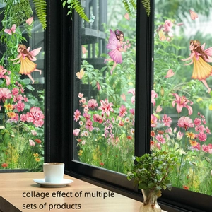 Double-sided pink flower fairies static window film stickers for glass decoration