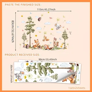 Size chart for forest animal wall stickers with fox, elk, and trees measuring 115x83cm