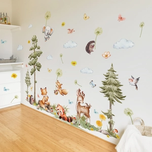 Forest animal wall stickers with watercolor fox and deer for kids room decoration
