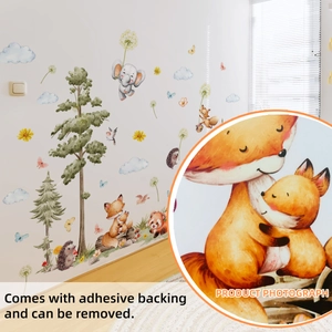 Cartoon forest animals and pine trees watercolor wall stickers for kids bedroom decor