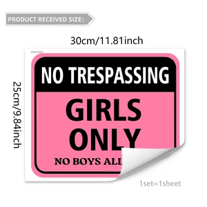 Close-up of pink vinyl wall sticker featuring Girls Only and No Boys Allowed warning text
