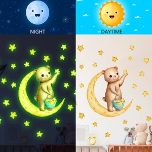 Stickers muraux lumineux avec ours sur la lune et étoiles pour chambre d'enfants