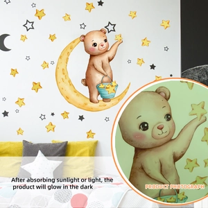 Dessin Animé Ours Lune Étoiles Brille Dans Le Noir Autocollants Muraux PVC Imperméable Lumineux Pour Chambre D'enfants