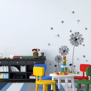 Schwarze Löwenzahn Wandaufkleber mit fliegenden Samen für Wohnzimmer und Kinderzimmer