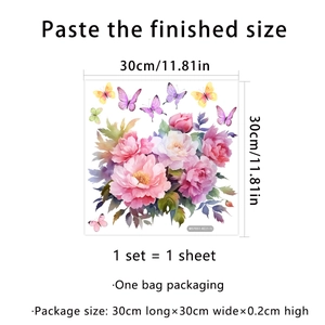 Sticker mural autocollant en PVC avec pivoines roses et papillons pour salle de bain