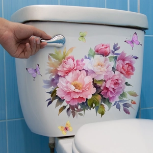 Sticker de Toilette Fleurs et Papillons en PVC Auto-Adhésif Imperméable Décoration de Salle de Bain Amovible Décalcomanie Murale Florale Pivoine pour Couvercle de Toilette