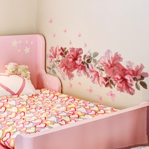 Adesivi murali con fiori di ibisco rosa e farfalle per decorazioni casa e camera