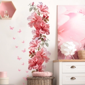 Adesivi murali rimovibili con fiori di ibisco rosa e farfalle per decorazione salotto