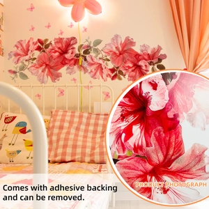 Adesivi murali con fiori di ibisco rosa e farfalle per decorazione camera da letto
