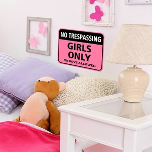 Pink No Trespassing Girls Only wall sign decor for teenage girl's bedroom wall