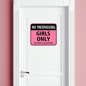 Pink No Trespassing Girls Only wall sticker for bedroom door decor on white surface