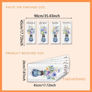 Set di 4 adesivi murali creativi con fiori acquerello in vasi di vetro per decorare stanze
