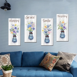 Set di Adesivi Murali Vaso di Fiori in Vaso ad Acquerello Piante Blu Testo Ispiratore Happy Grace Smile Pretty Decorazione Casa