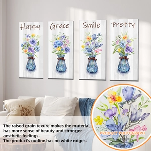 Adesivi murali moderni con fiori ad acquerello set da 4 pezzi con trama a rilievo