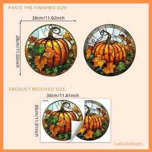 Autumn pumpkin and maple leaf static window stickers in stained glass style, 2 sheets set