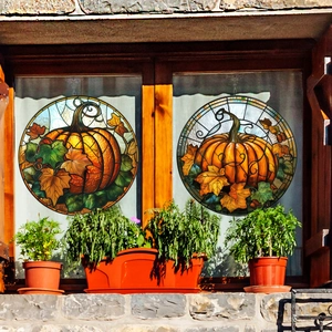 Autumn Pumpkin Maple Leaf Window Clings Stained Glass Style Double Sided Static Stickers Thanksgiving Halloween Decor