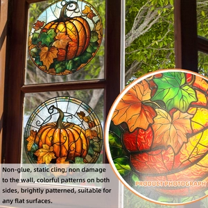 Double-sided pumpkin and maple leaf static cling window decal with stained glass texture