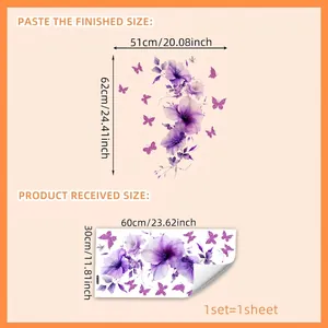 Purple flower and butterfly wall decal dimensions and layout showing the finished design size