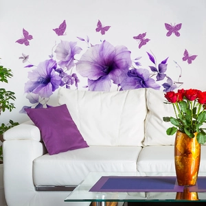 Elegant Purple Flowers And Butterflies Wall Stickers PVC Removable Waterproof Decals For Living Room Bedroom Home Decor