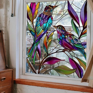 Stained Glass Style Window Sticker Static Cling Bird Leaves Pattern Waterproof PVC Glass Film Home Office Decorative