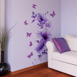 Purple floral wall stickers with butterflies set for living room and bedroom decor