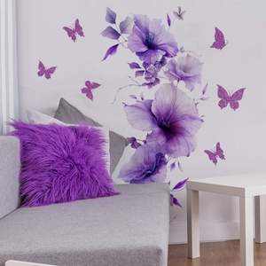 Purple floral wall stickers with 3D glitter butterflies for living room wall decor
