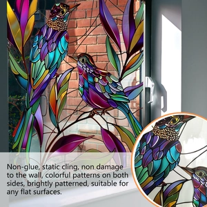 Colorful bird and purple leaf static cling window film for home glass decoration