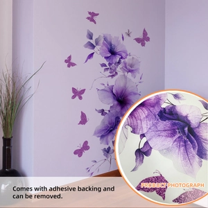 Creative purple flower and butterfly wall stickers for living room home decor with glitter
