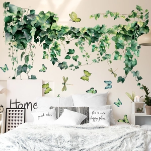 Green vine plant and butterfly wall stickers for bedroom home decor background
