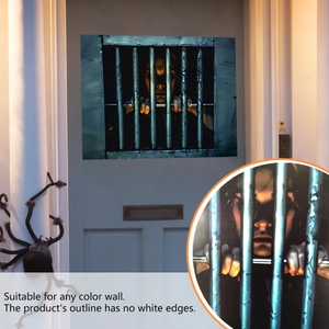 Detail view of 3D Halloween wall sticker with woman behind bars and no-white-border finish