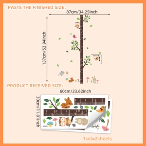 Cartoon forest animals growth chart wall sticker for kids room with ruler measurement