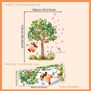 Cartoon forest wall stickers with girl on swing and tree for kids room decoration
