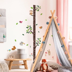 Cartoon forest tree height chart wall sticker for kids room with owl and deer animals