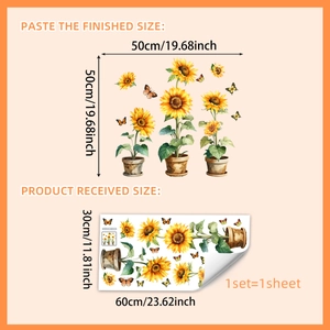Sunflower and butterfly static glass window stickers with product size specifications