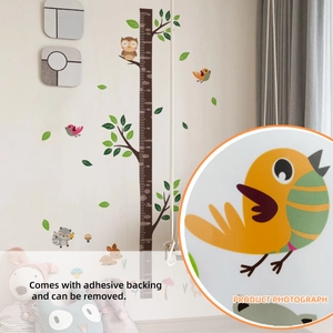 Cartoon forest tree height chart for kids with birds and owls for wall decoration