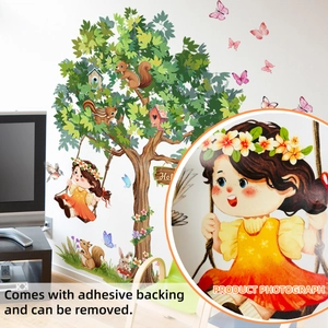 Cartoon tree wall sticker with squirrel girl on swing and removable adhesive backing