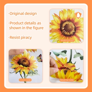 Detail showing waterproof sunflower glass sticker with double-sided visual design
