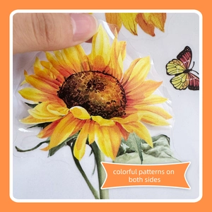 Close-up of double-sided sunflower and butterfly static glass sticker with transparent PET finish