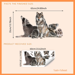 Realistic animal window stickers featuring wolf, raccoon, owl and koala designs