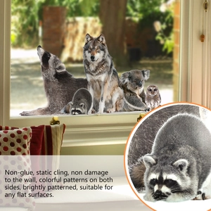 Double-sided realistic animal static window clings featuring owl wolf and raccoon