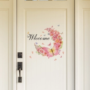 Detailed view of floral watercolor door sticker featuring pink butterfly and flower wreath