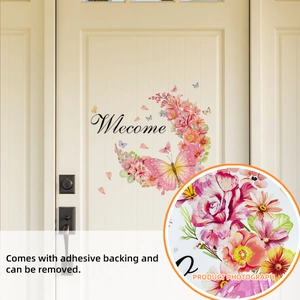 Detail of floral Welcome door sticker with pink flowers and blue butterflies for home decor