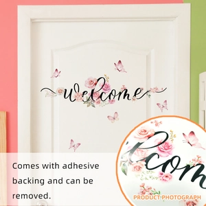 Detailed view of floral Welcome door sticker with pink roses and self-adhesive backing