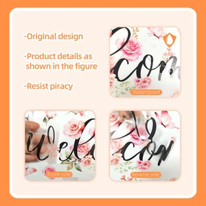 Detail showing waterproof floral welcome door sticker with pink roses and butterflies