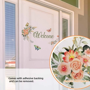 Detail of floral Welcome door sticker showing waterproof PVC material and rose pattern