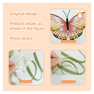 Detailed view of waterproof floral butterfly door stickers showing both sides and adhesive back